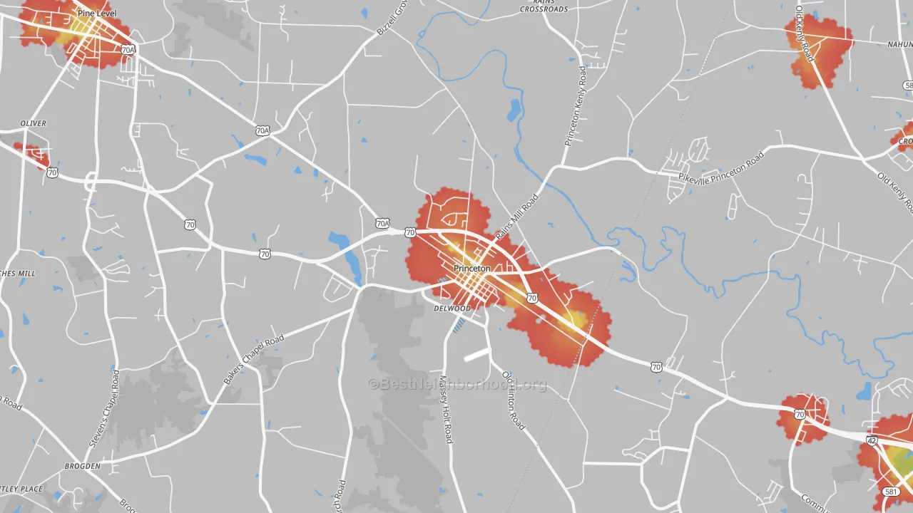 Walk Grade map of Princeton, NC, walkable areas in green and car-dependent areas in red