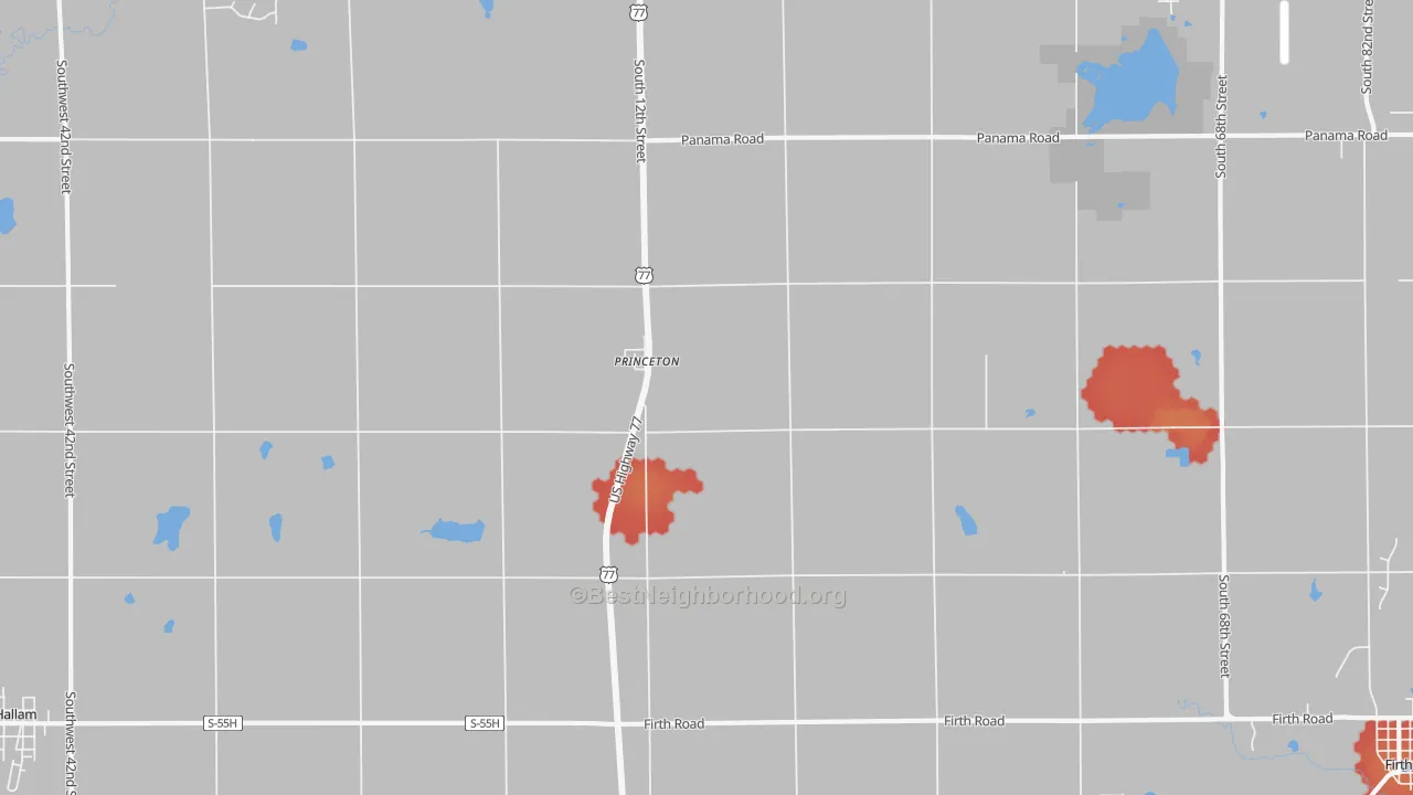 Walk Grade map of Princeton, NE, walkable areas in green and car-dependent areas in red