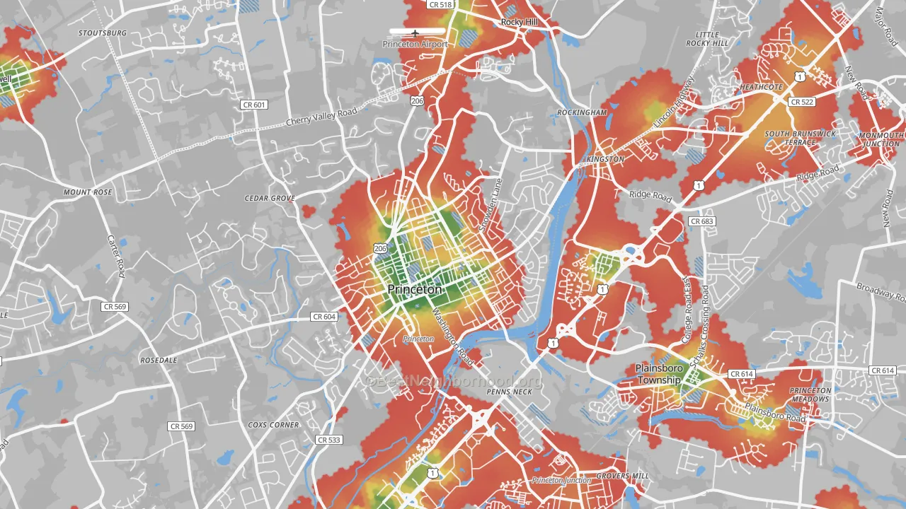Walk Grade map of Princeton, NJ, walkable areas in green and car-dependent areas in red