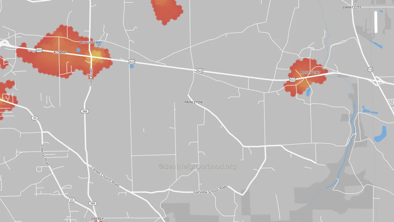 Walk Grade map of Princeton, PA, walkable areas in green and car-dependent areas in red