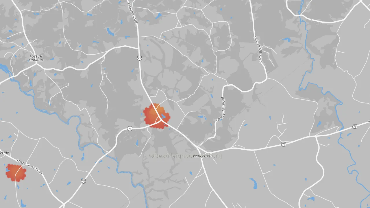 Walk Grade map of Princeton, SC, walkable areas in green and car-dependent areas in red