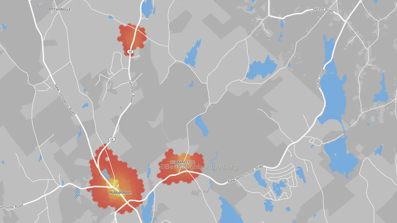 Walk Grade map of Princeton Station, MA, walkable areas in green and car-dependent areas in red