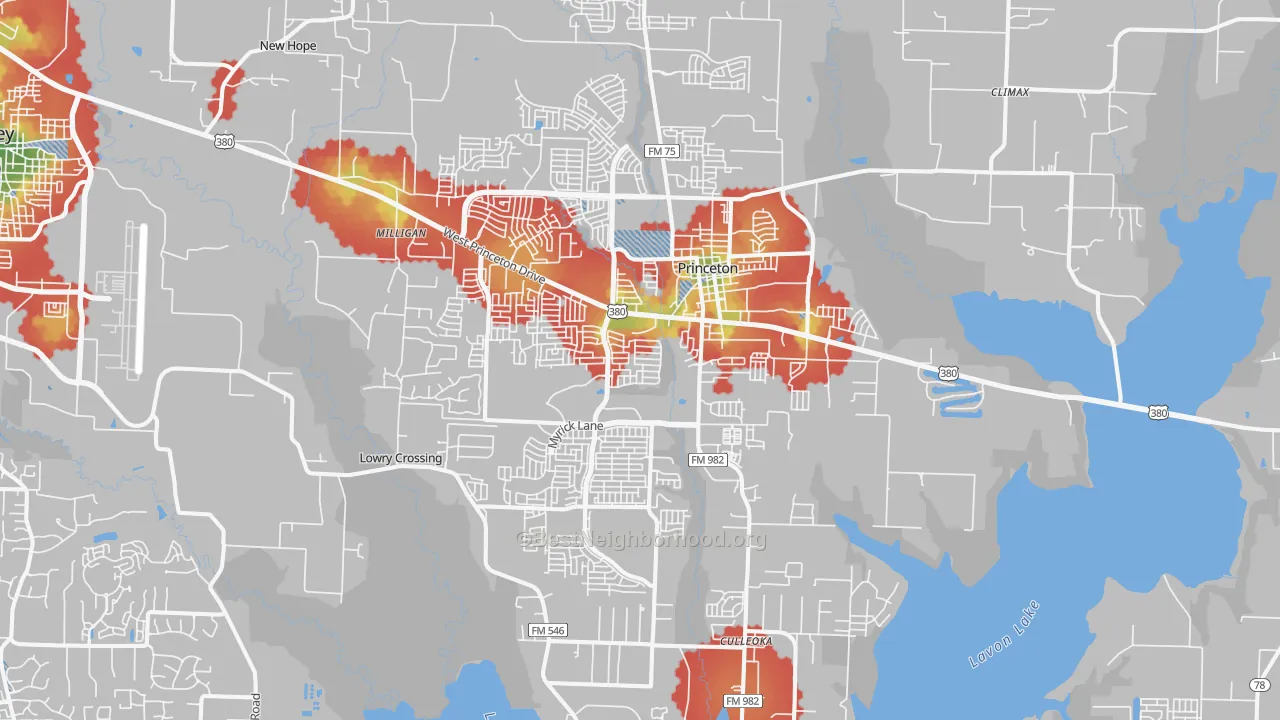 Walk Grade map of Princeton, TX, walkable areas in green and car-dependent areas in red