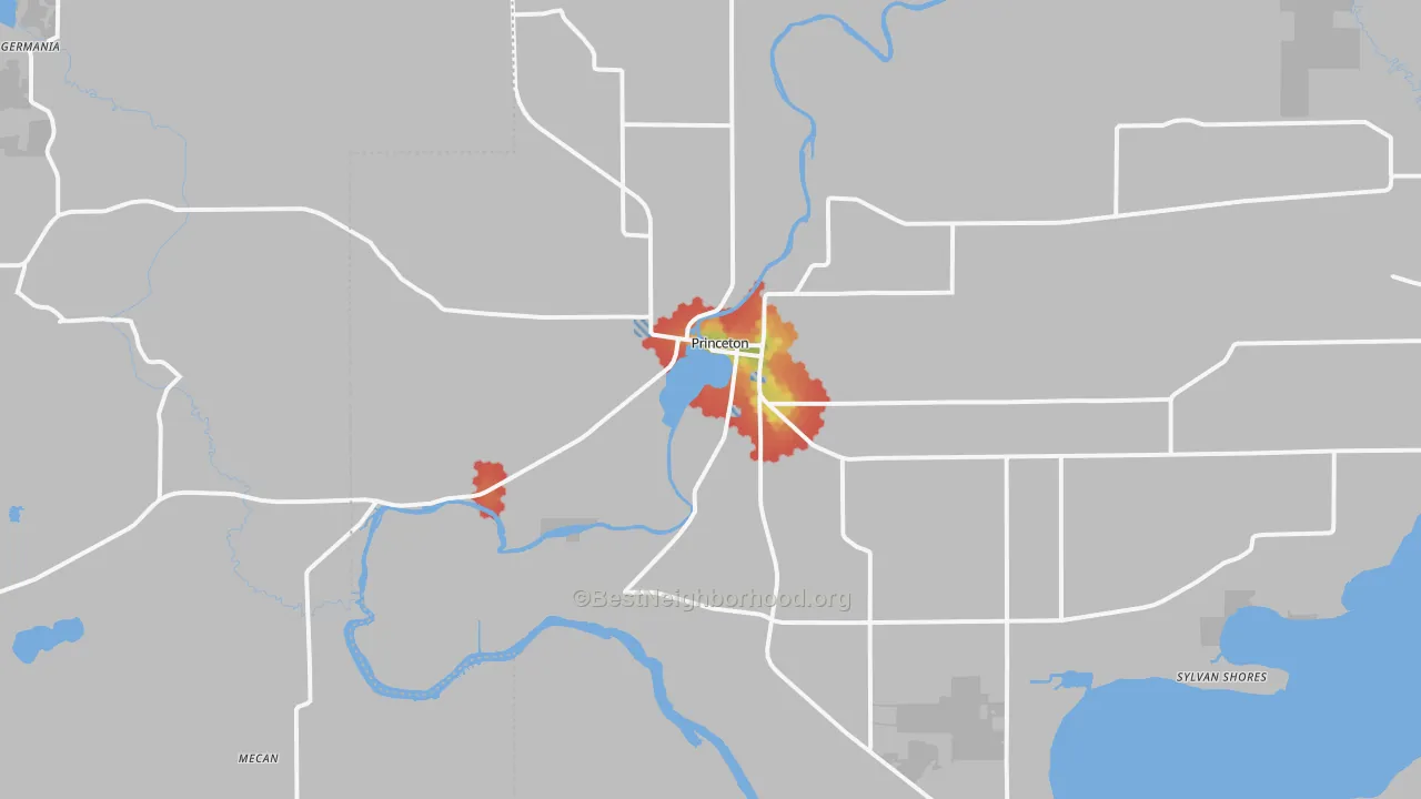Walk Grade map of Princeton, WI, walkable areas in green and car-dependent areas in red
