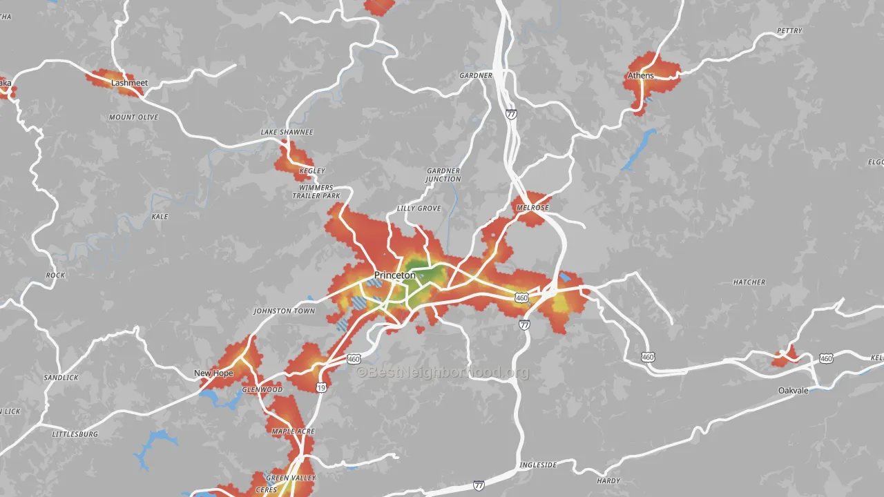 Walk Grade map of Princeton, WV, walkable areas in green and car-dependent areas in red
