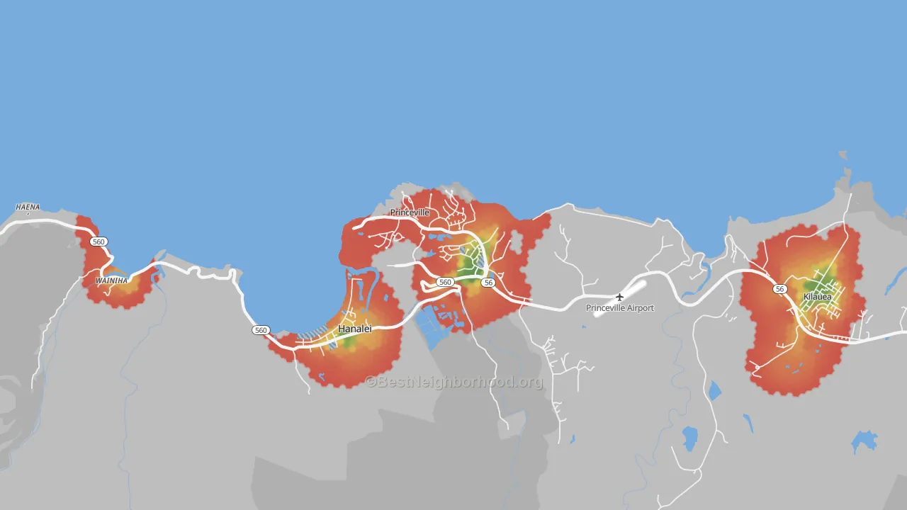 Walk Grade map of Princeville, HI, walkable areas in green and car-dependent areas in red