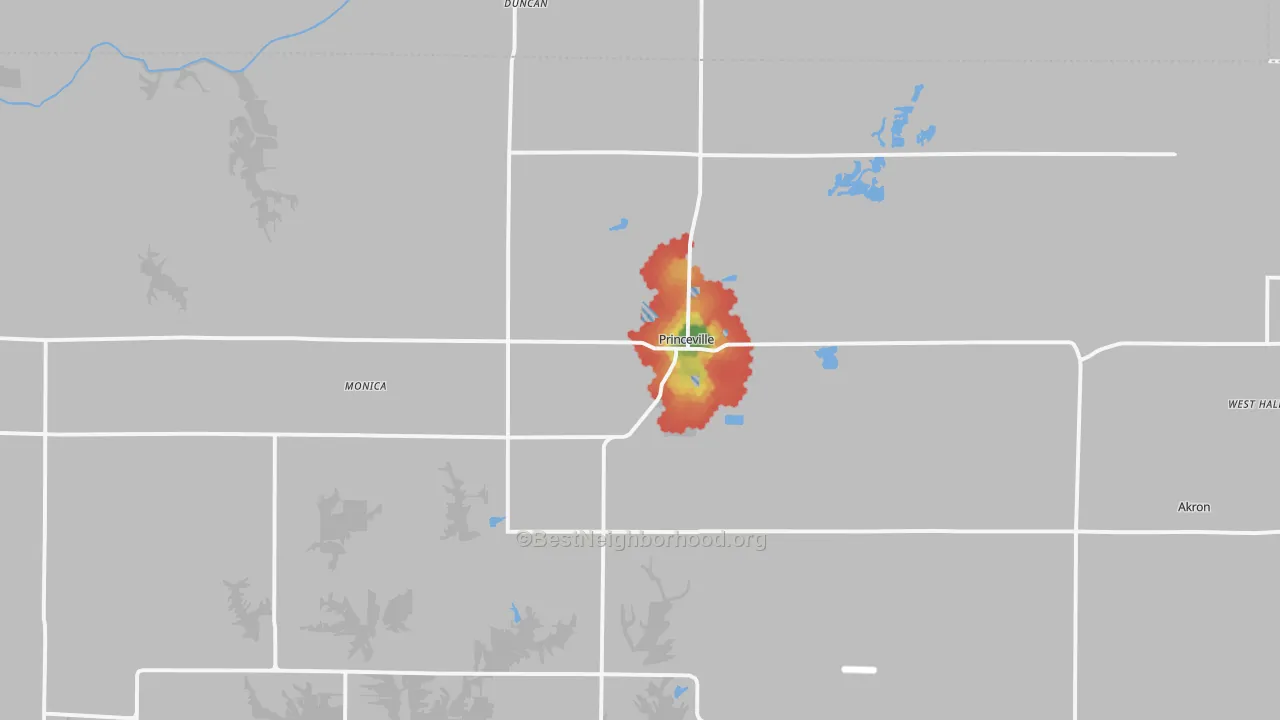 Walk Grade map of Princeville, IL, walkable areas in green and car-dependent areas in red