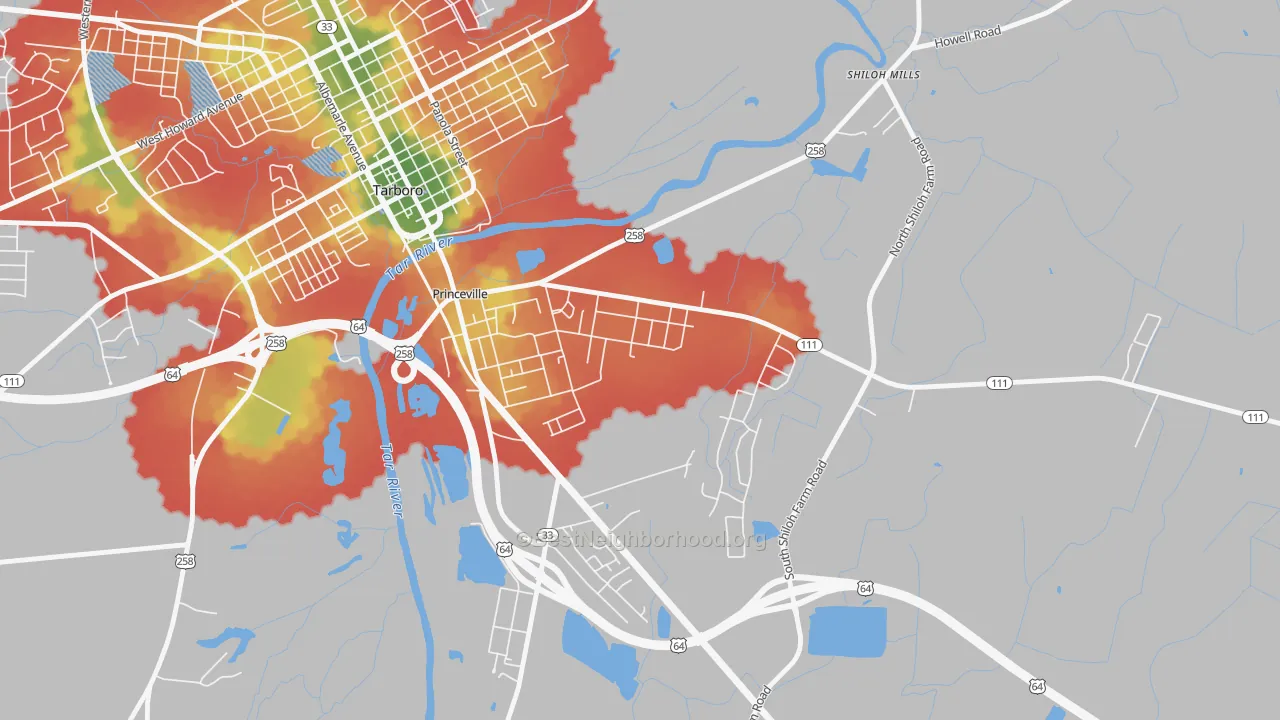 Walk Grade map of Princeville, NC, walkable areas in green and car-dependent areas in red