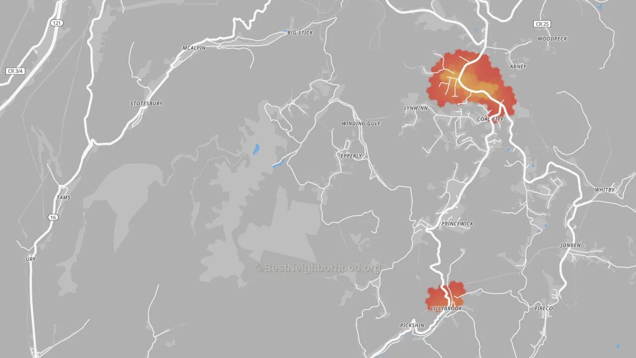 Walk Grade map of Princewick, WV, walkable areas in green and car-dependent areas in red