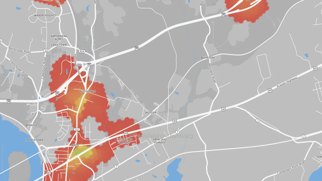 Walk Grade map of Principio Furnace, MD, walkable areas in green and car-dependent areas in red