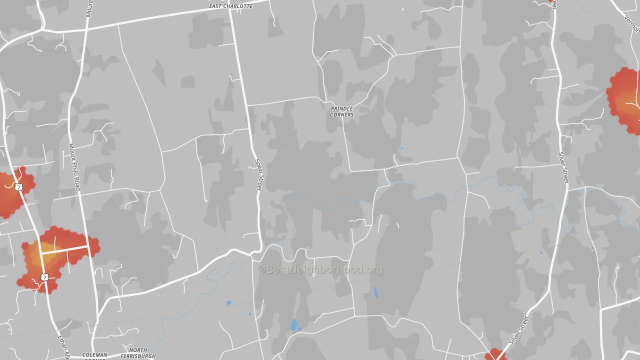 Walk Grade map of Prindle Corner, VT, walkable areas in green and car-dependent areas in red