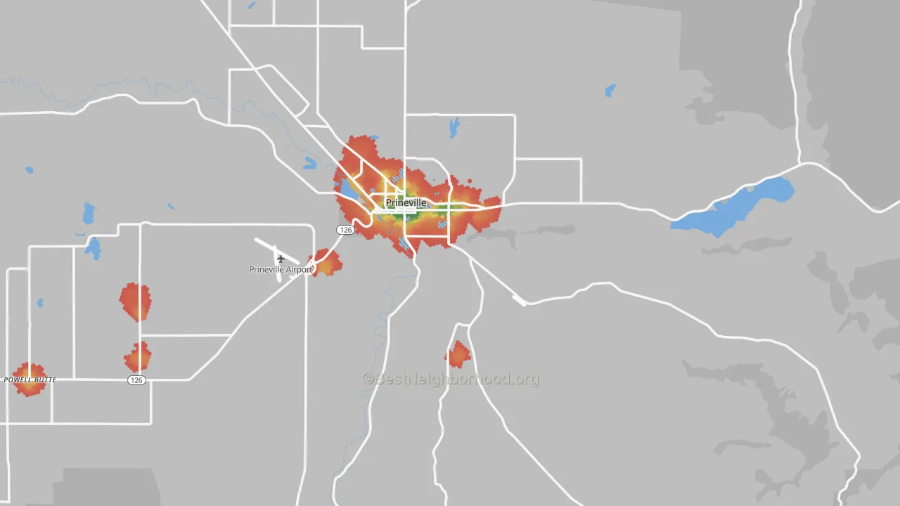 Walk Grade map of Prineville, OR, walkable areas in green and car-dependent areas in red