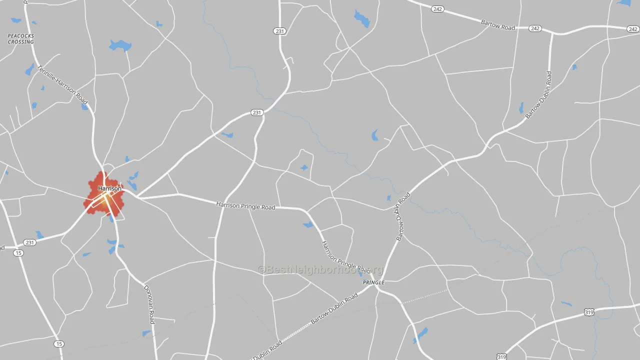 Walk Grade map of Pringle, GA, walkable areas in green and car-dependent areas in red