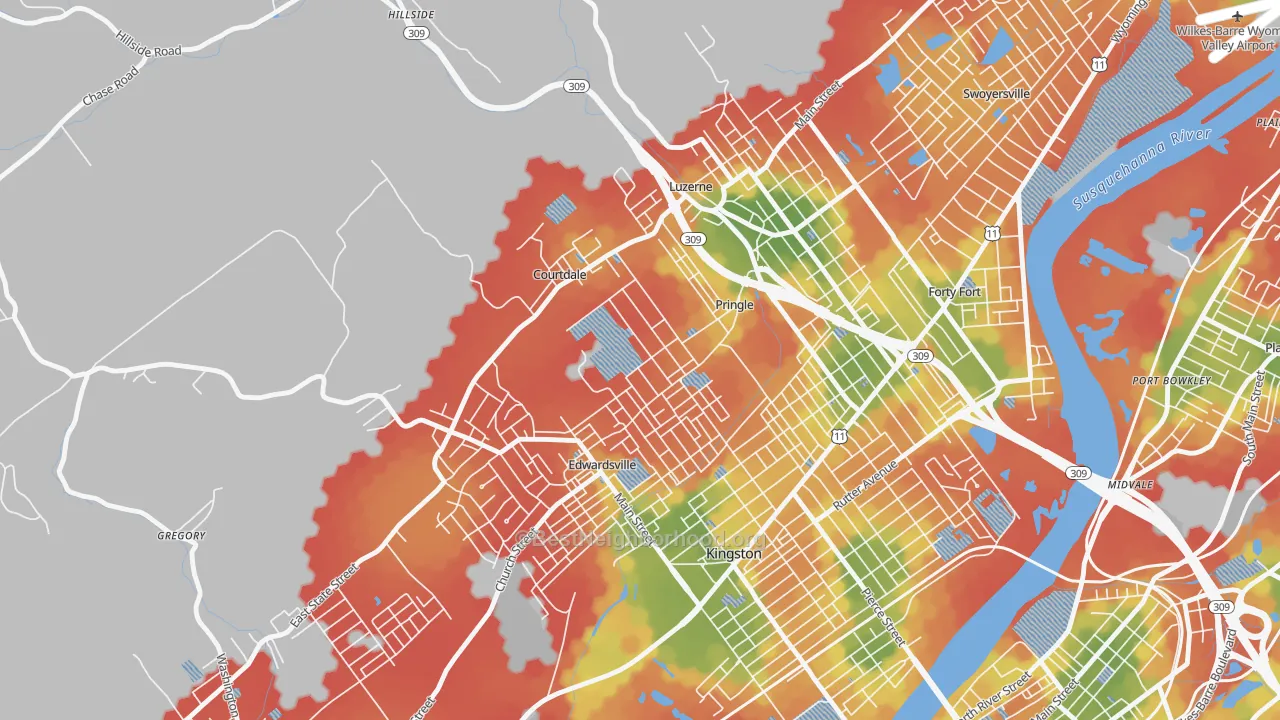 Walk Grade map of Pringle, PA, walkable areas in green and car-dependent areas in red