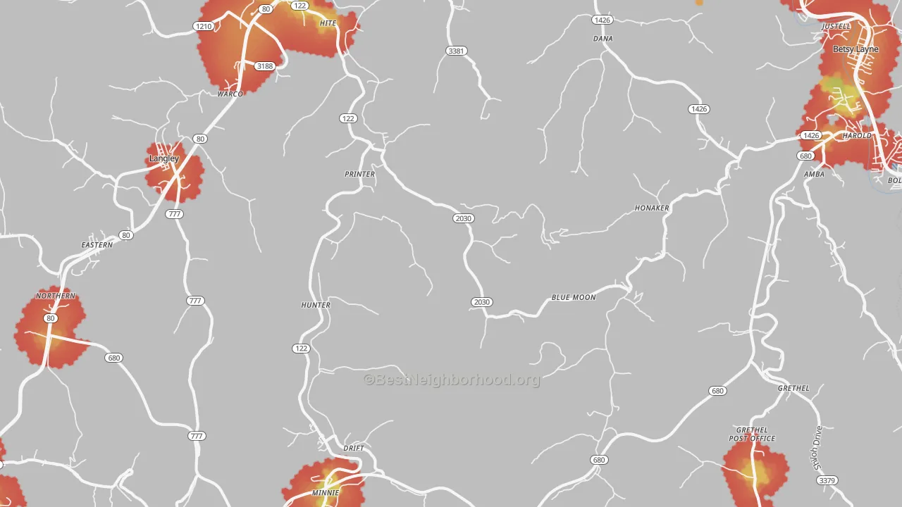 Walk Grade map of Printer, KY, walkable areas in green and car-dependent areas in red