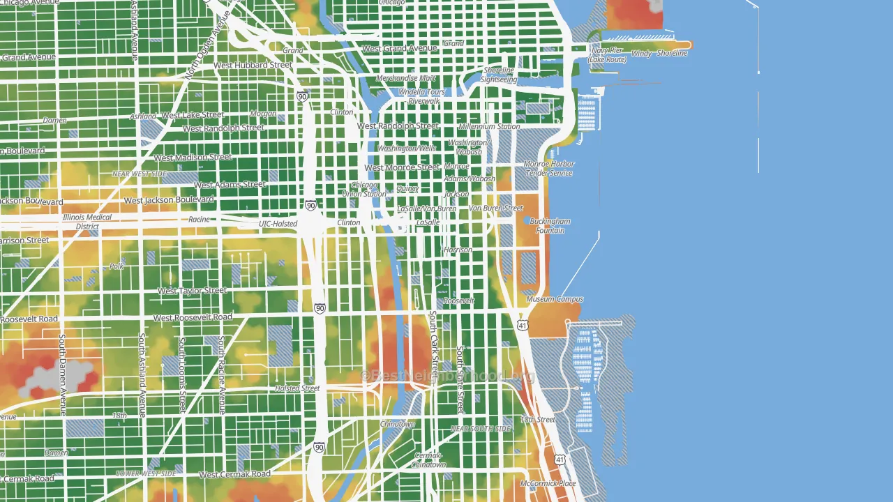 Walk Grade map of Printers Row, Chicago, IL, walkable areas in green and car-dependent areas in red