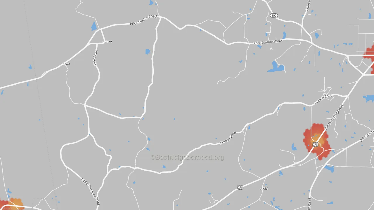 Walk Grade map of Prior, GA, walkable areas in green and car-dependent areas in red