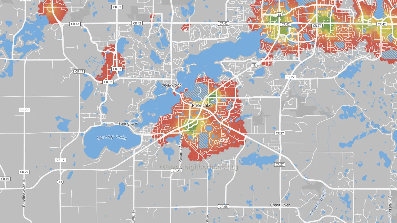 Walk Grade map of Prior Lake, MN, walkable areas in green and car-dependent areas in red