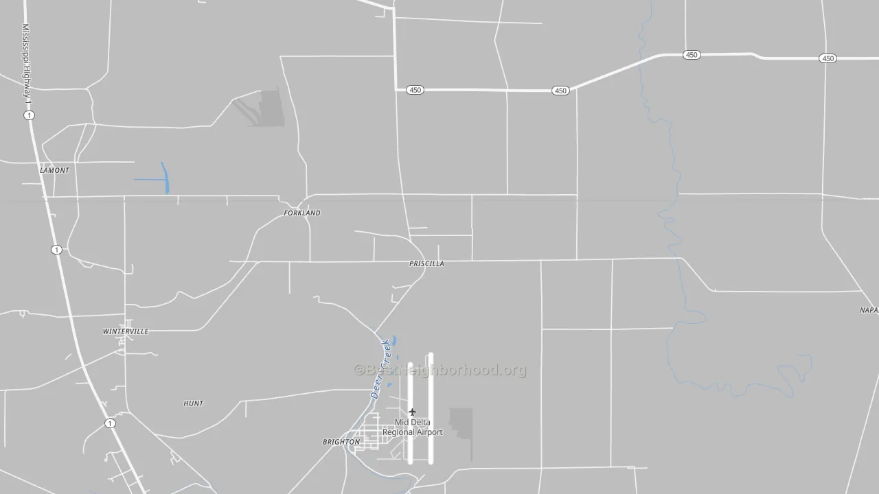 Walk Grade map of Priscilla, MS, walkable areas in green and car-dependent areas in red