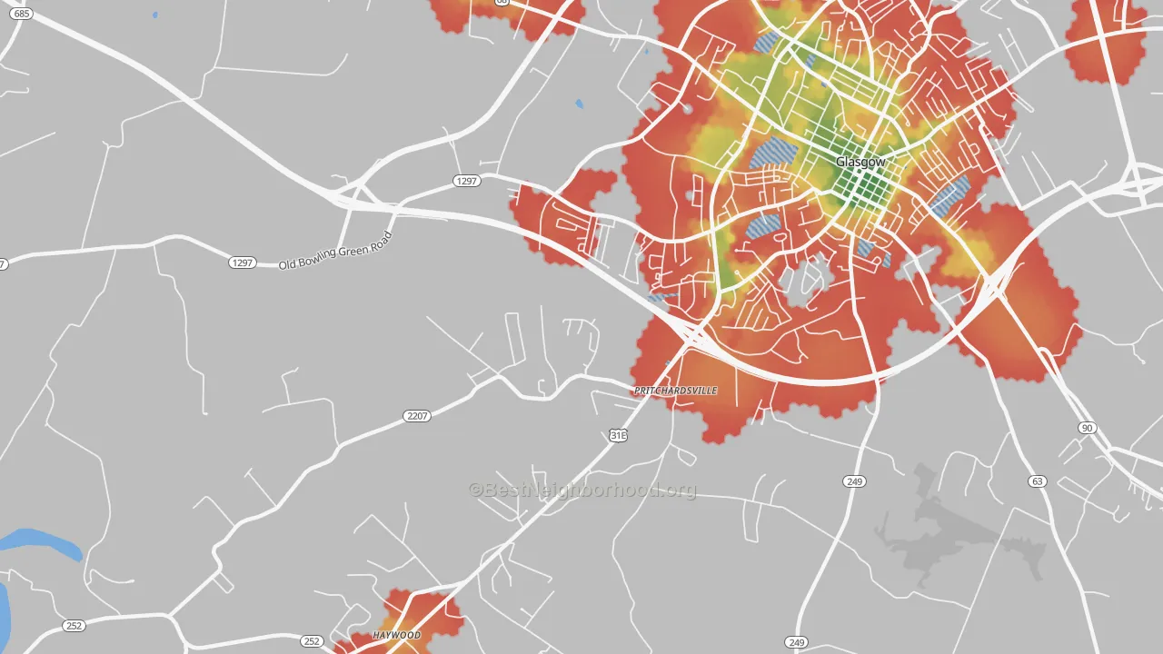 Walk Grade map of Pritchardsville, KY, walkable areas in green and car-dependent areas in red