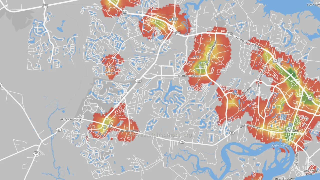 Walk Grade map of Pritchardville, SC, walkable areas in green and car-dependent areas in red