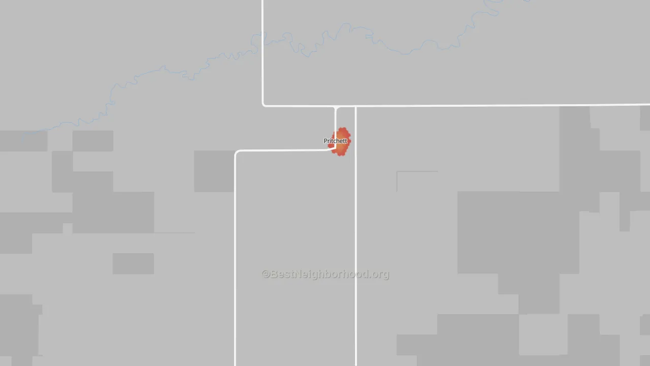 Walk Grade map of Pritchett, CO, walkable areas in green and car-dependent areas in red