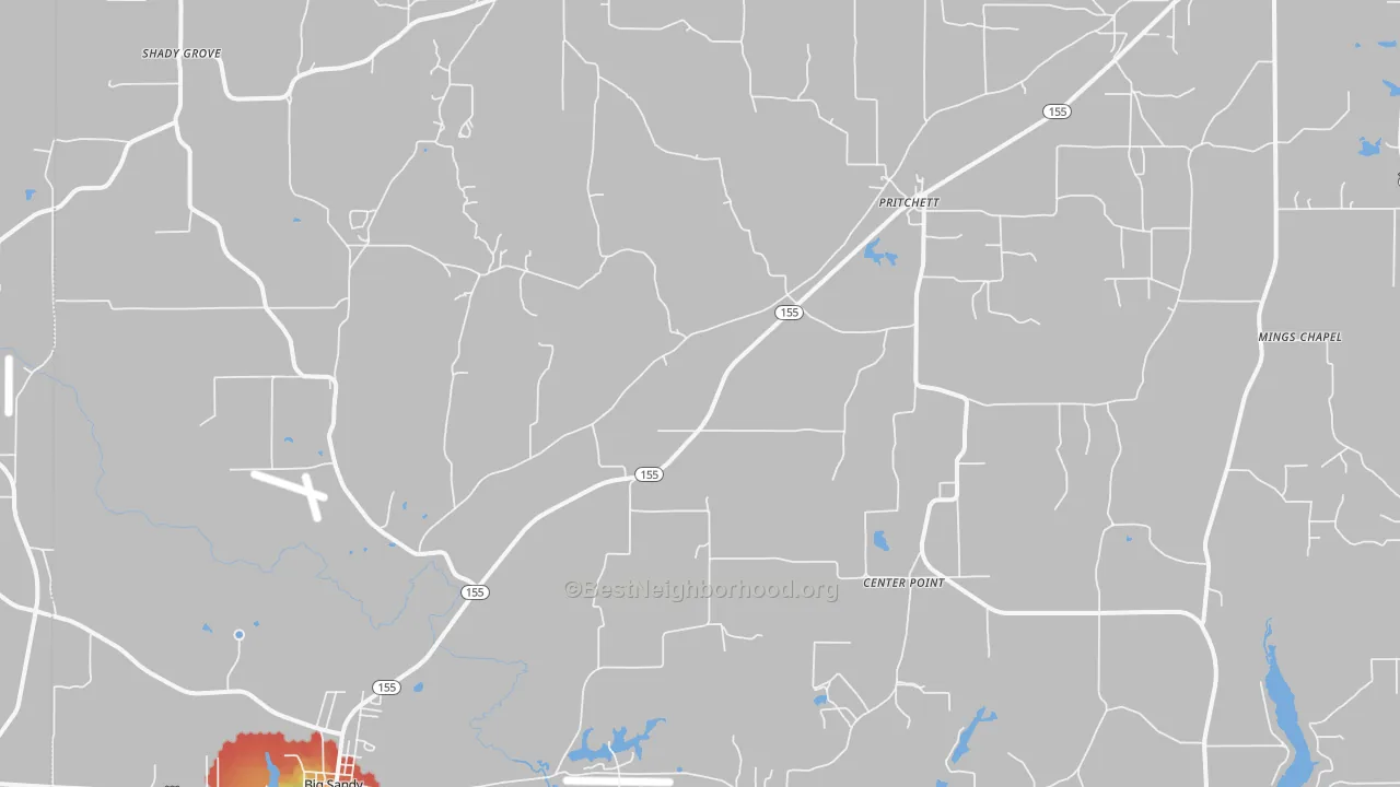 Walk Grade map of Pritchett, TX, walkable areas in green and car-dependent areas in red