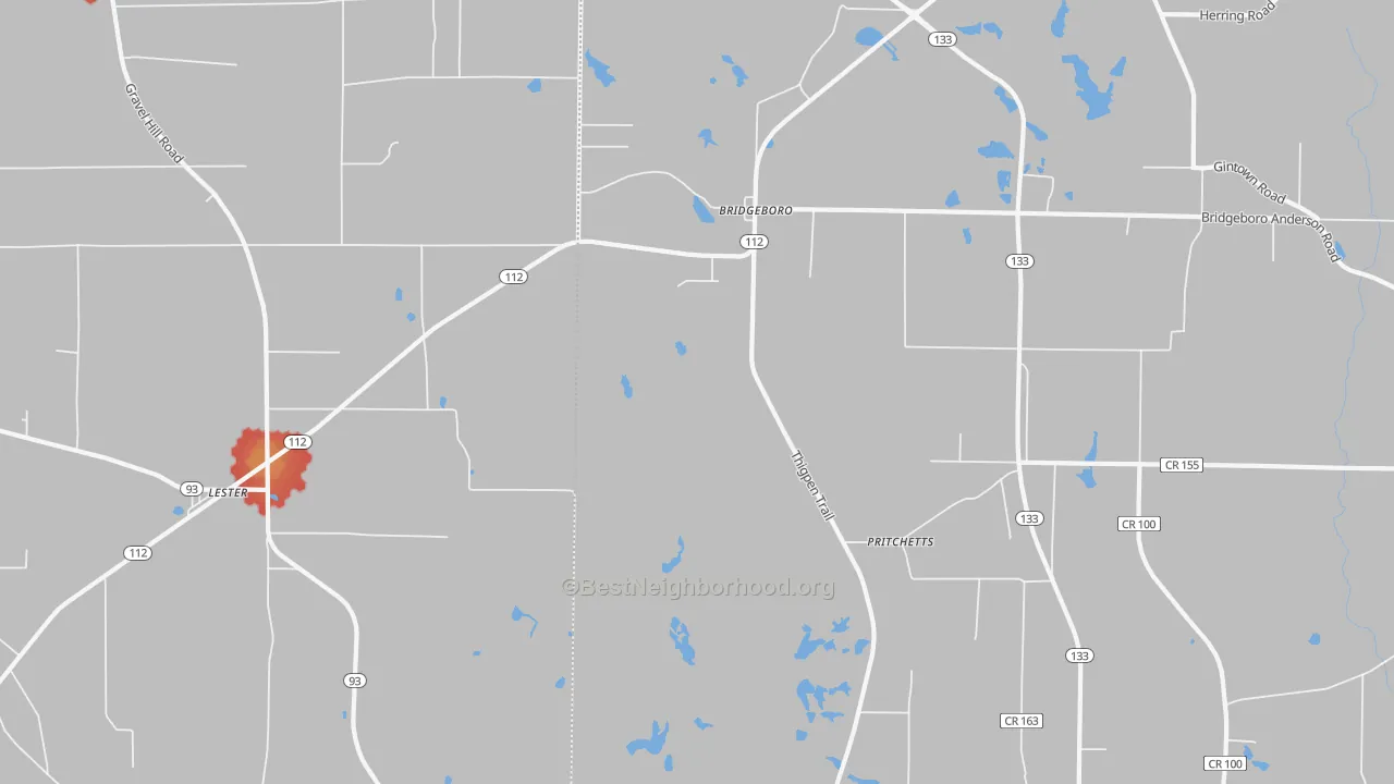 Walk Grade map of Pritchetts, GA, walkable areas in green and car-dependent areas in red