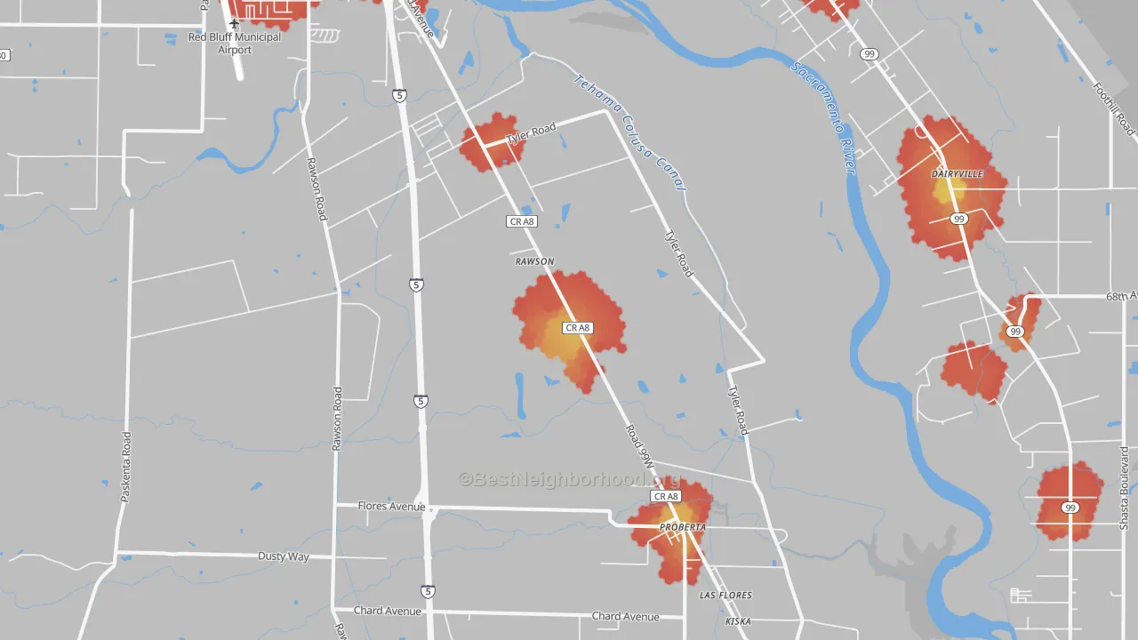 Walk Grade map of Proberta, CA, walkable areas in green and car-dependent areas in red
