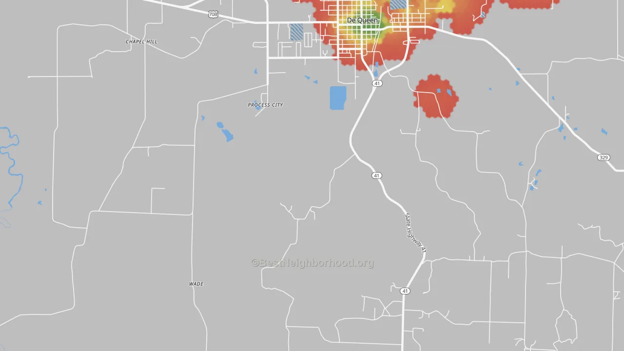 Walk Grade map of Process City, AR, walkable areas in green and car-dependent areas in red