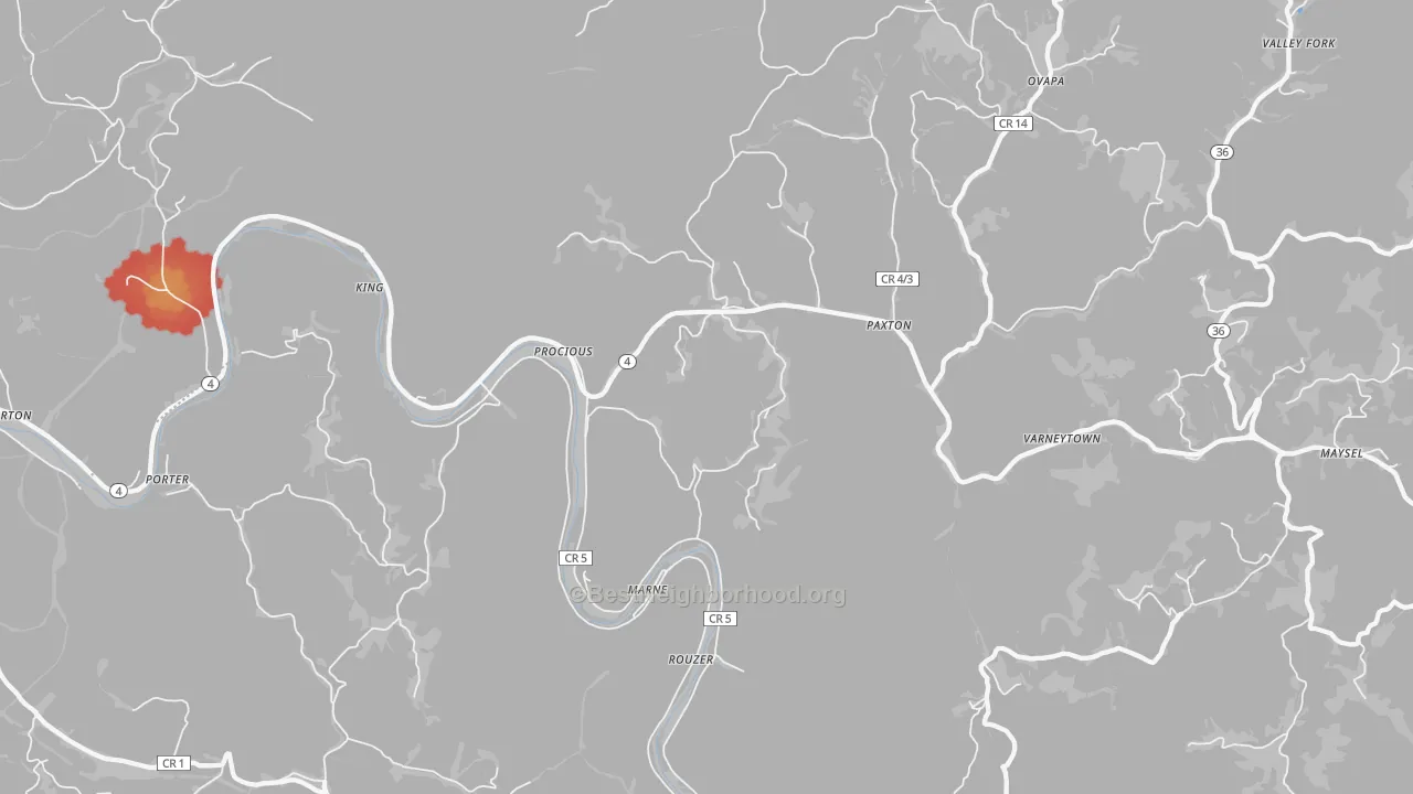 Walk Grade map of Procious, WV, walkable areas in green and car-dependent areas in red