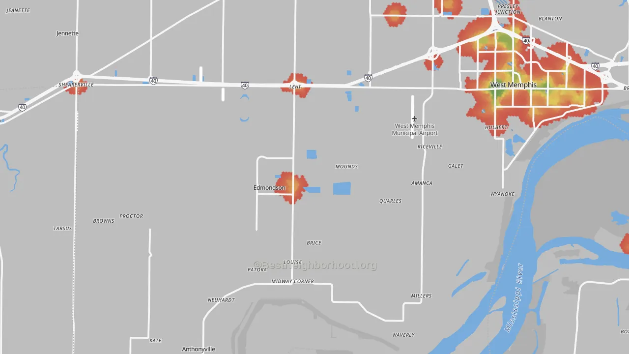 Walk Grade map of Proctor, AR, walkable areas in green and car-dependent areas in red