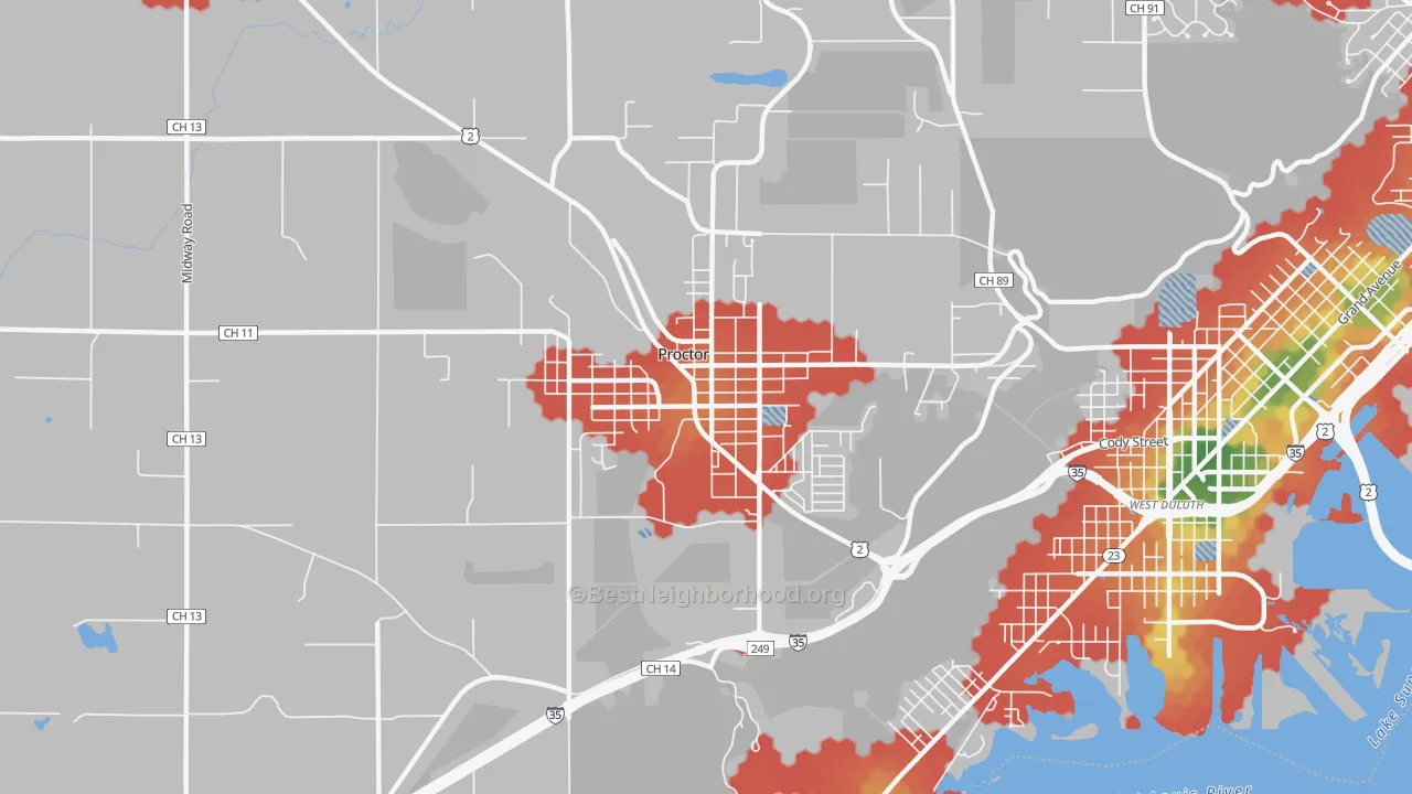 Walk Grade map of Proctor, MN, walkable areas in green and car-dependent areas in red