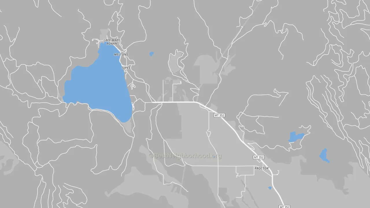Walk Grade map of Proctor, MT, walkable areas in green and car-dependent areas in red