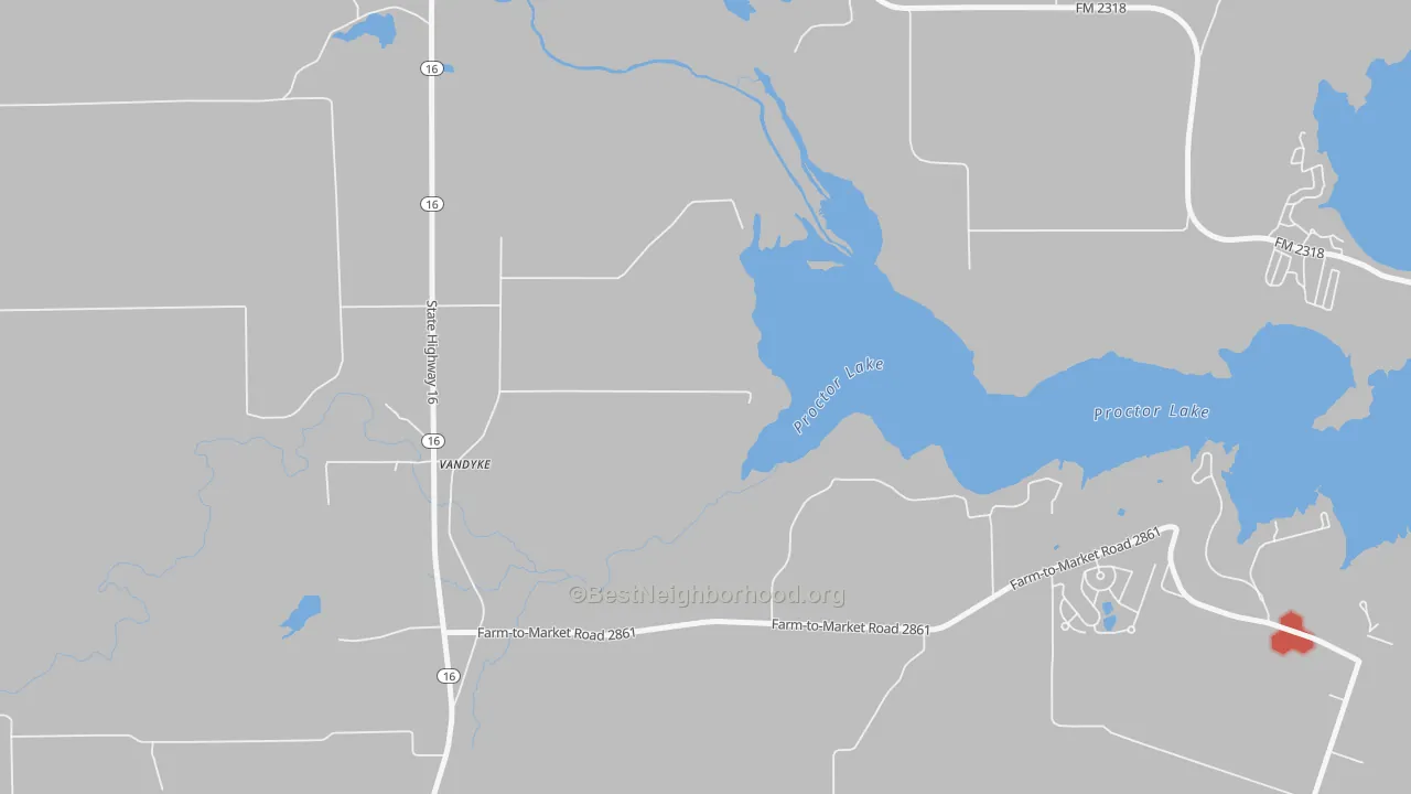 Walk Grade map of Proctor, TX, walkable areas in green and car-dependent areas in red