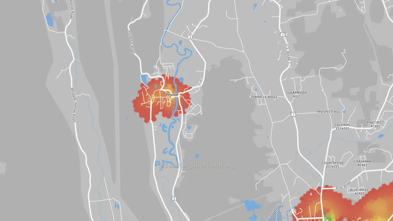 Walk Grade map of Proctor, VT, walkable areas in green and car-dependent areas in red