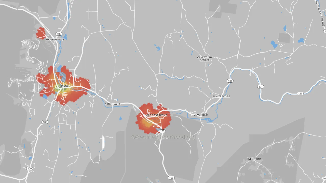 Walk Grade map of Proctorsville, VT, walkable areas in green and car-dependent areas in red