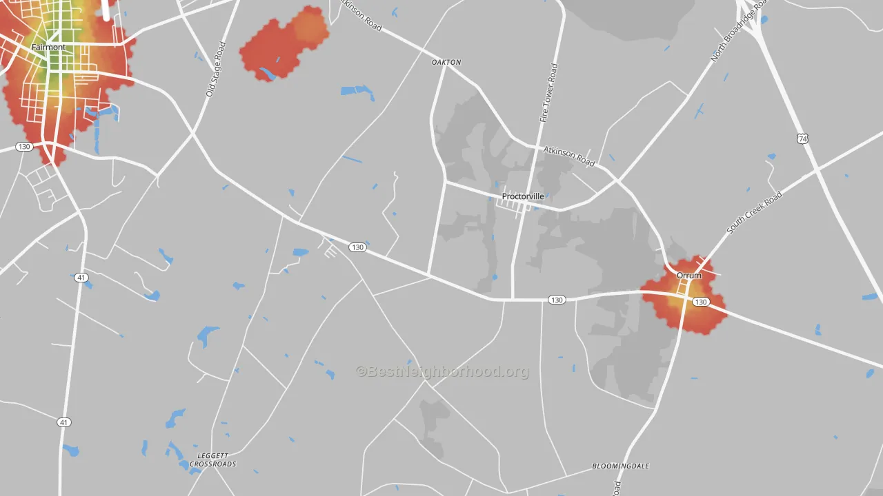 Walk Grade map of Proctorville, NC, walkable areas in green and car-dependent areas in red