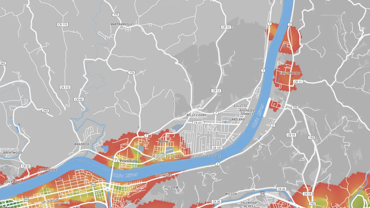 Walk Grade map of Proctorville, OH, walkable areas in green and car-dependent areas in red