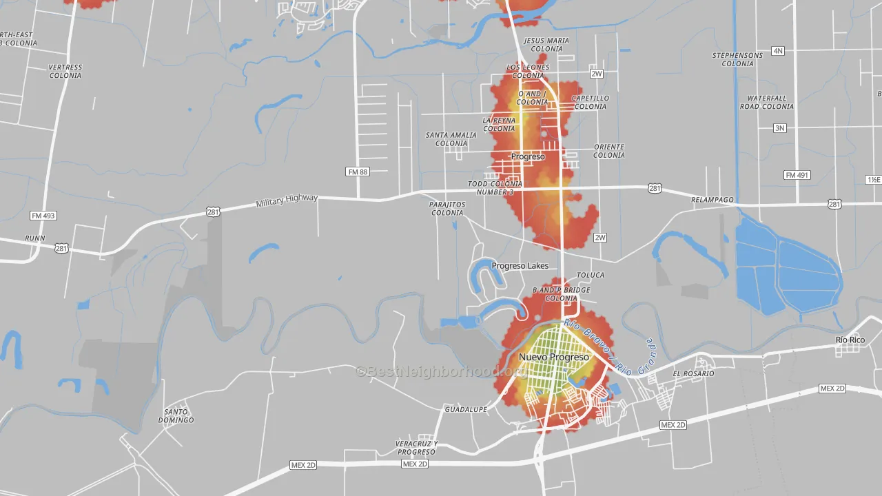 Walk Grade map of Progreso Lakes, TX, walkable areas in green and car-dependent areas in red