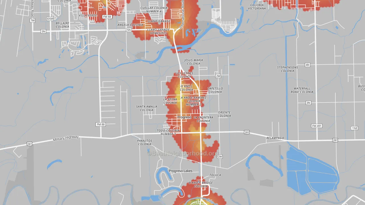 Walk Grade map of Progreso, TX, walkable areas in green and car-dependent areas in red