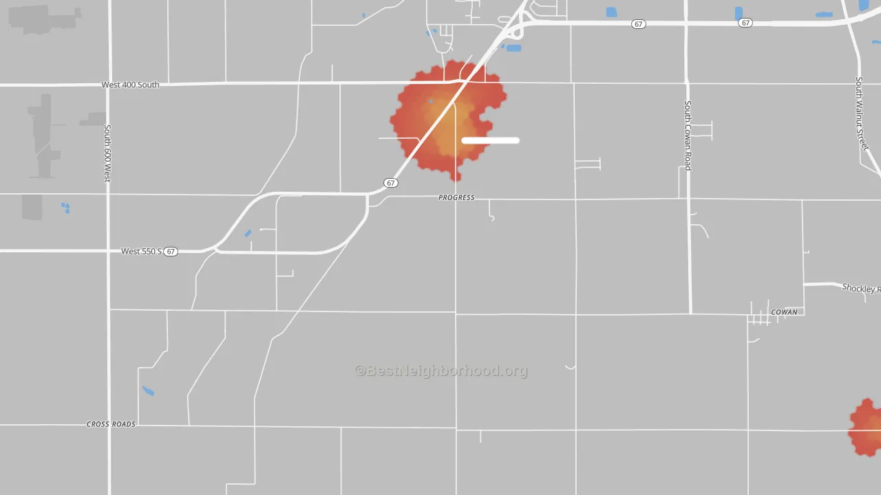 Walk Grade map of Progress, IN, walkable areas in green and car-dependent areas in red