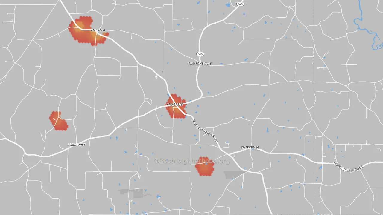 Walk Grade map of Progress, MS, walkable areas in green and car-dependent areas in red