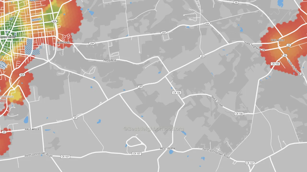 Walk Grade map of Progress, NY, walkable areas in green and car-dependent areas in red