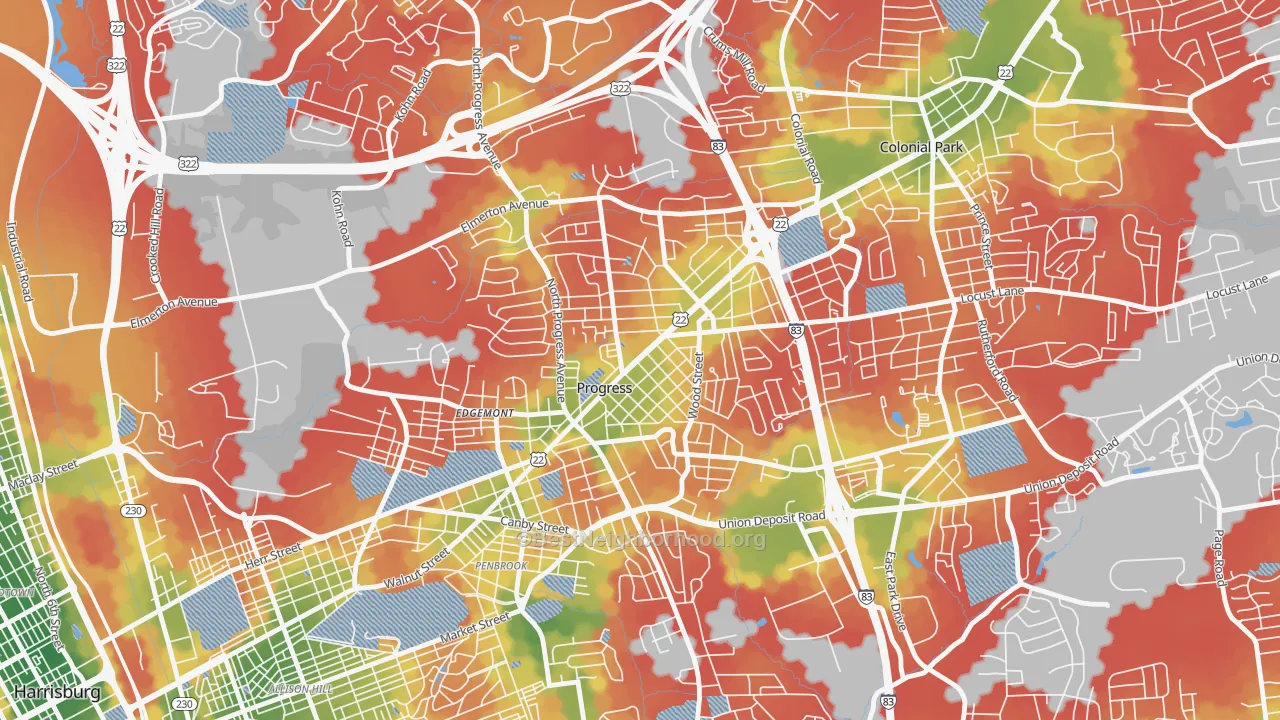 Walk Grade map of Progress, PA, walkable areas in green and car-dependent areas in red