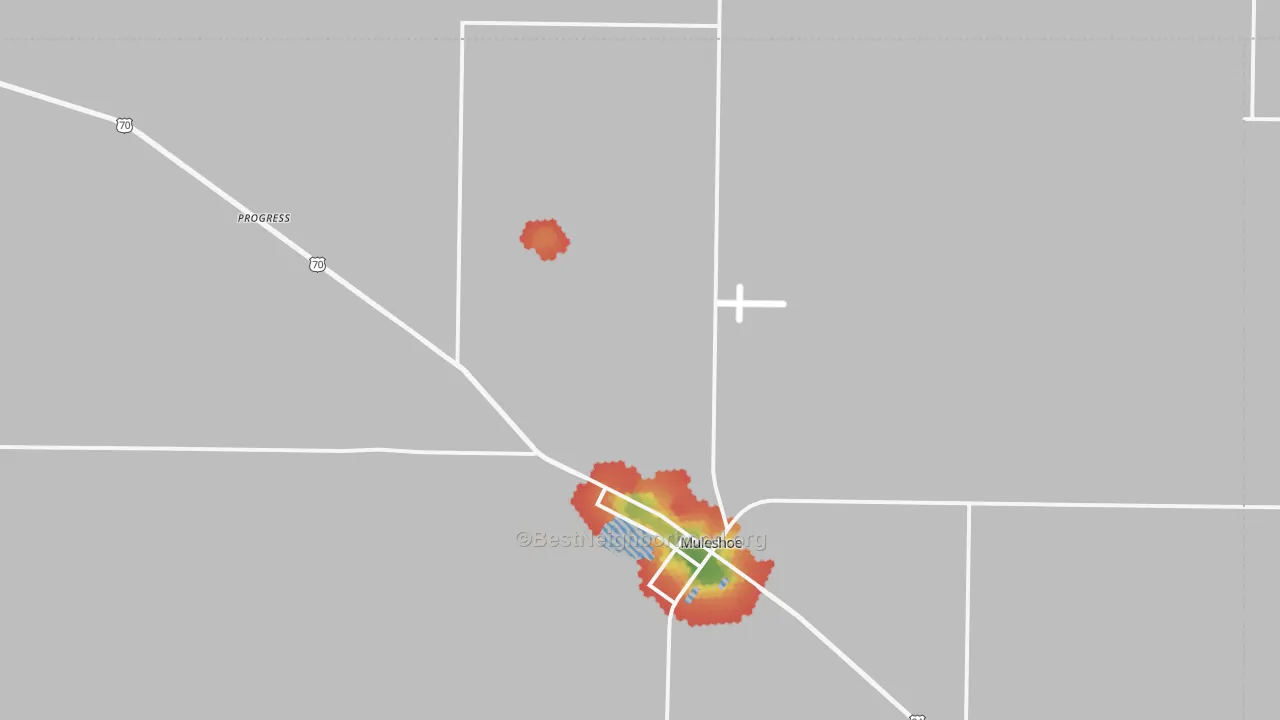 Walk Grade map of Progress, TX, walkable areas in green and car-dependent areas in red