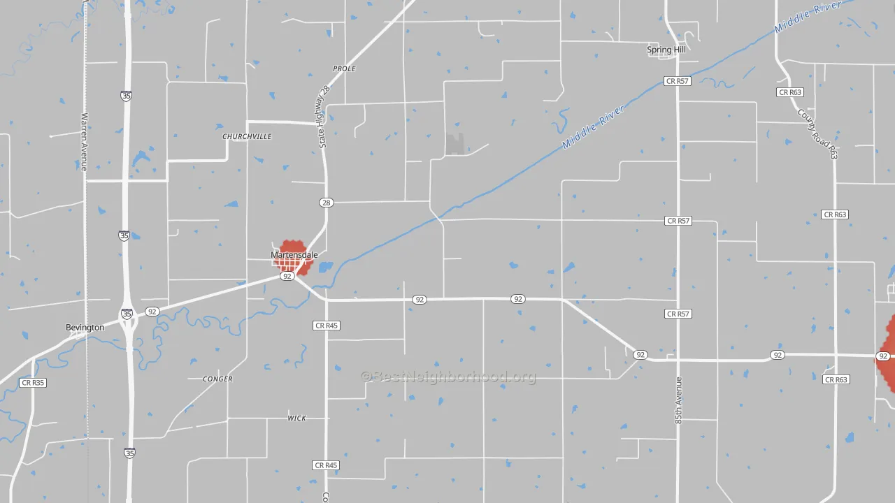 Walk Grade map of Prole, IA, walkable areas in green and car-dependent areas in red