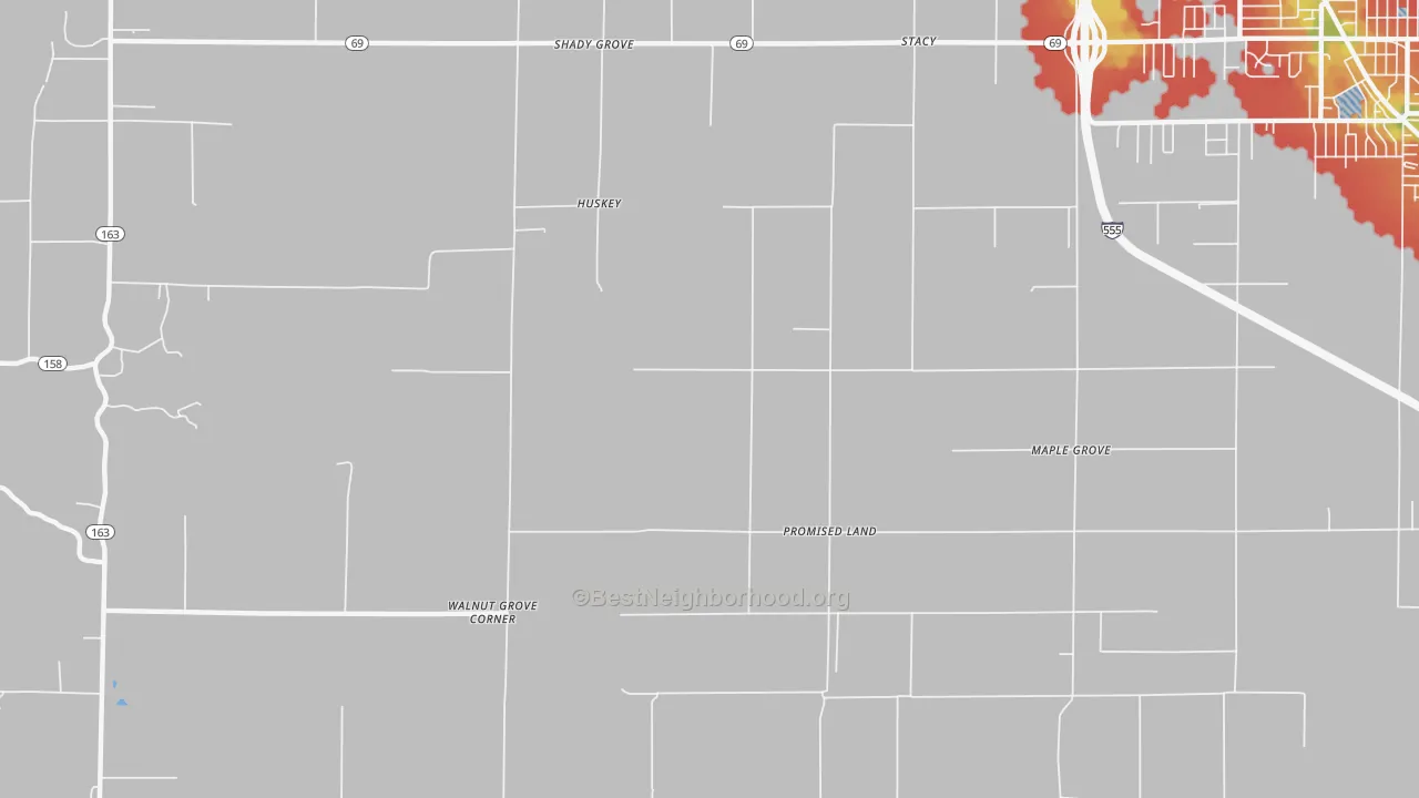 Walk Grade map of Promised Land, AR, walkable areas in green and car-dependent areas in red