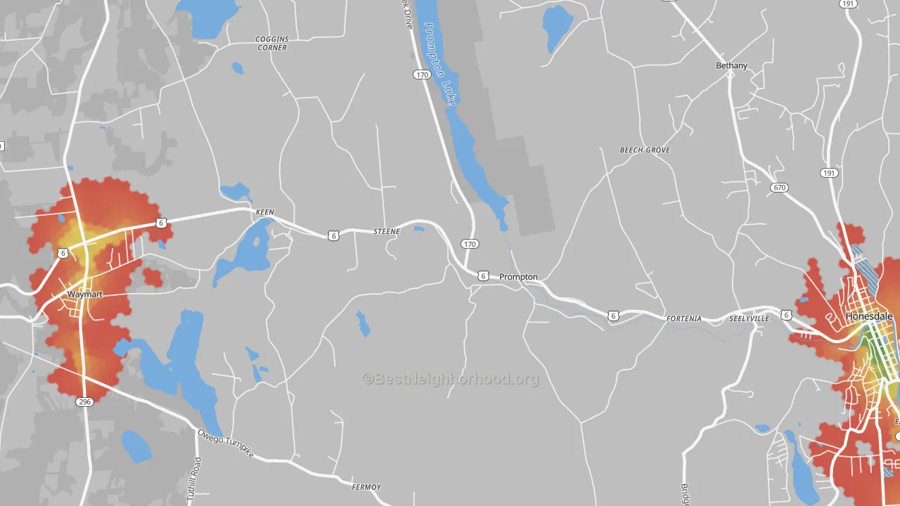 Walk Grade map of Prompton, PA, walkable areas in green and car-dependent areas in red