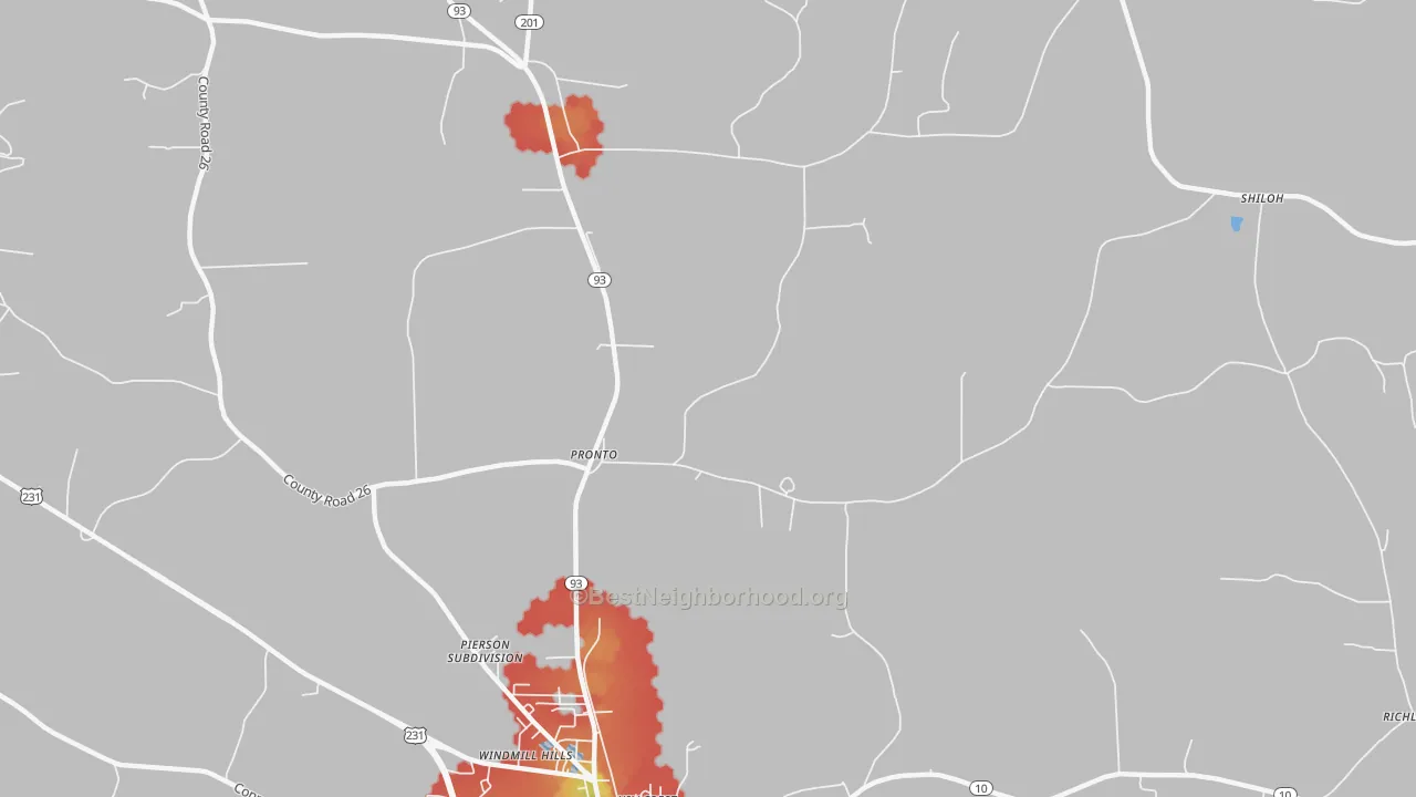 Walk Grade map of Pronto, AL, walkable areas in green and car-dependent areas in red